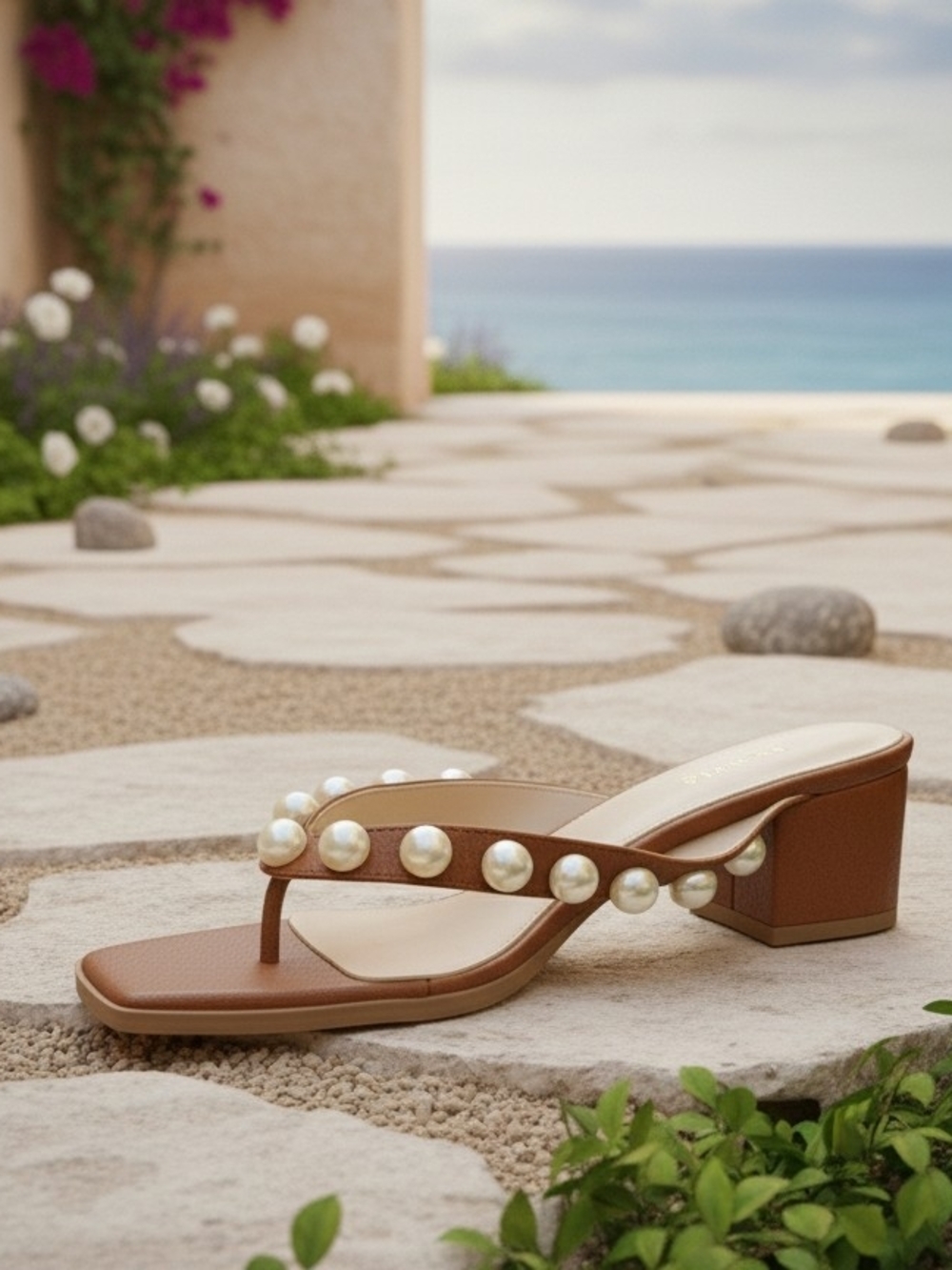 Women’s Brown Pearl-Embellished Block Heel Sandal